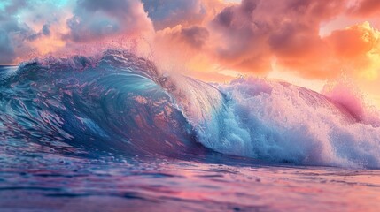 Fototapeta premium A powerful ocean wave captured in vivid colors during sunset, showing the dynamic beauty of nature and the powerful power of water. Summer concept of playful sea waves.