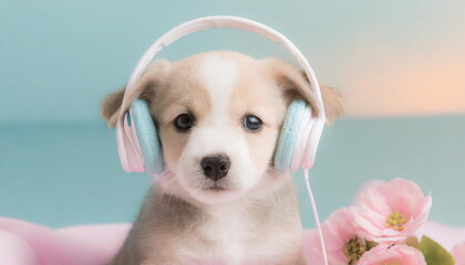 Young puppy listening to music on  headphones, music concept