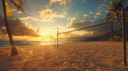 beach volleyball court illuminated by the golden glow of the setting sun, creating a picturesque scene