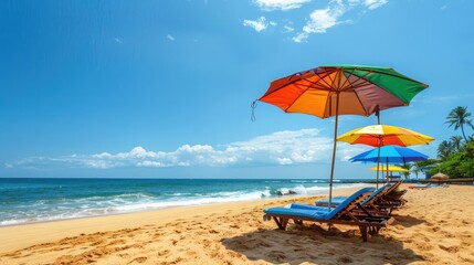 beach scene with colorful parasols and lounge chairs on golden sand under a clear blue sky