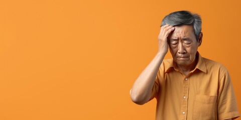 Orange background sad Asian man. Portrait of older mid-aged person beautiful bad mood expression boy Isolated on Background depression anxiety fear burn out health issue