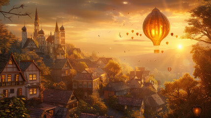 Obraz premium A painting of a hot air balloon soaring above a bustling urban landscape