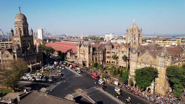 Victoria terminus train station in Mumbai, India, Aerial View. Chhatrapati Shivaji Maharaj Terminus railway station, UNESCO World Heritage Site
