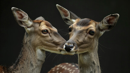 Obraz premium A couple of deer standing closely next to each other in a grassy field