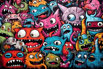 Monsters doodle drawing in pop art style. Cartoon set of funny comic creatures. Poster design. Ai generative