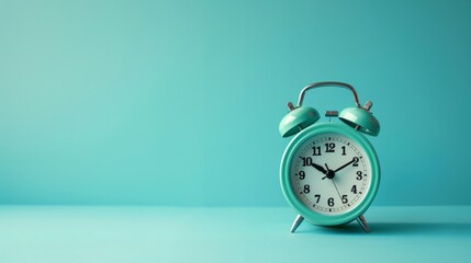 Blue alarm clock surrounded by a blue background.  Summer concept of time and waking up. Copy space.