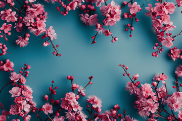 Vibrant Pink Blossoms Framing a Calm Blue Background 