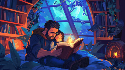 A man sitting with a little girl, reading a book to her