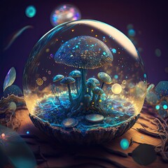Fairy mushroom spores, magic bokeh background