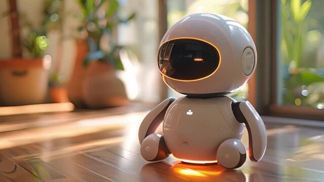 A small white robot is seated on a wooden floor, appearing stationary and surrounded by the warmth of the wood.