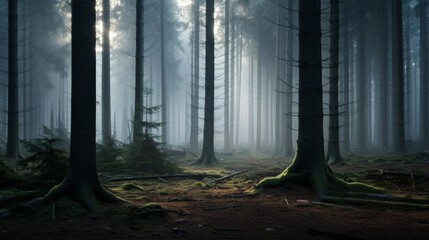 Dawn mist envelops dense forest.