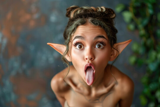 A young woman with elf ears sticks her tongue out, making a goofy face, with a blurred, colorful background and plants in a studio setting