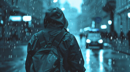 A young man in a hood with a backpack walks down 