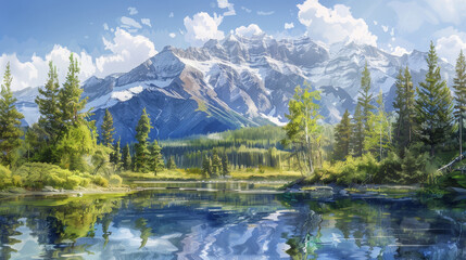 A painting of a lake with a snowy mountain in the background