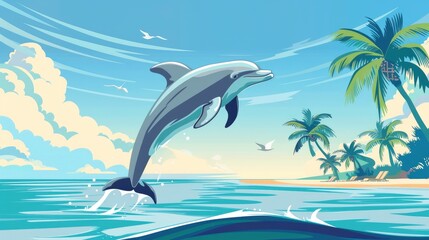 A Dolphin Jumping Out Of The Water Close To The Shore, Surprising Beachgoers, Cartoon ,Flat color