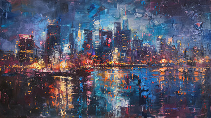 A painting of a city skyline with a body of water