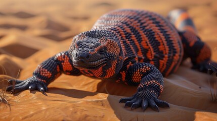 A Gila monster, with its beaded skin and venomous bite, slowly making its way across the sandy terrain in search of food - Powered by Adobe