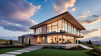 Exterior view of a brand-new, contemporary home in a remote location with a garden and lots of windows under a gorgeous sky