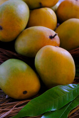 Fresh mango fruit, Mango tropical fruit with green leaf, Ripe mango in grass closeup.