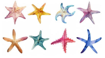 Set of colorful starfish, watercolor painting isolated on white.