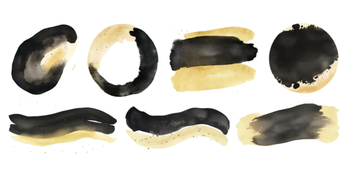 Black and gold watercolor png element set on transparent background