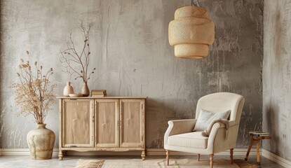 A cream-colored cabinet with wooden door frames and brass accents, paired with an armchair in light brown tones, set against the backdrop of a gray wall
