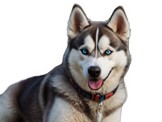 Obraz premium Funny and playful husky or pet dog is playing and jumping and looks happy isolated on transparent background. Little husky dog pretending. Cute and happy crazy dog ​​head smiling on transparent png