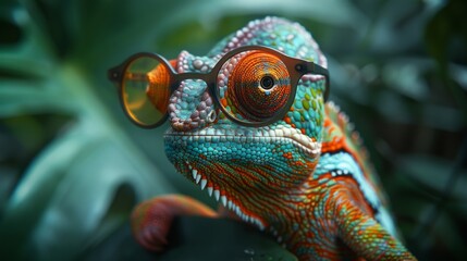 A vibrant chameleon with orange, green, yellow, and pink scales blends into its jungle environment while wearing stylish glasses. Summer concept.