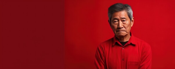 Red background sad Asian man. Portrait of older mid-aged person beautiful bad mood expression boy Isolated on Background depression anxiety fear burn out 