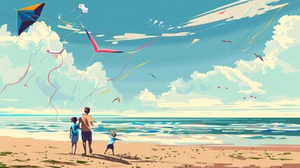 A Family Flying Kites On A Windy Beach Day, Colorful Kites Dotting The Sky, Cartoon ,Flat color