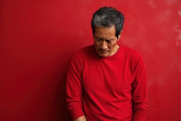 Red background sad Asian man. Portrait of older mid-aged person beautiful bad mood expression boy Isolated on Background depression anxiety fear burn out 