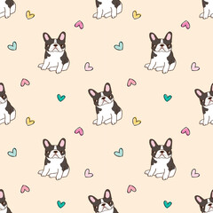 Seamless Pattern of Cartoon French Bulldog and Heart Design on Beige Color Background