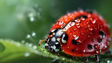 Close up of a ladybug on green leaf with water drops