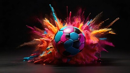 Football in explosion of colorful power on dark background