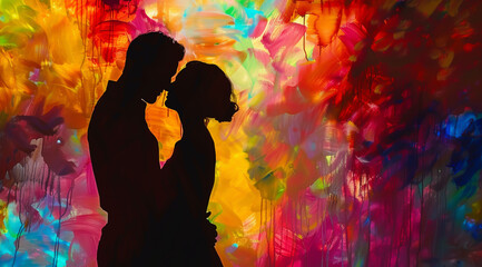 Silhouette of a couple embracing, colorful abstract background, romantic mood