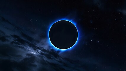 Abstract background of dark blue star field with solar eclipse. 