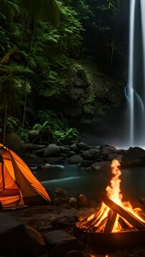 Tent and camping with Mae Tia waterfall and mountain background