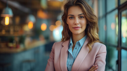 Obraz premium Confident businesswoman in a pink blazer standing in a modern office.
