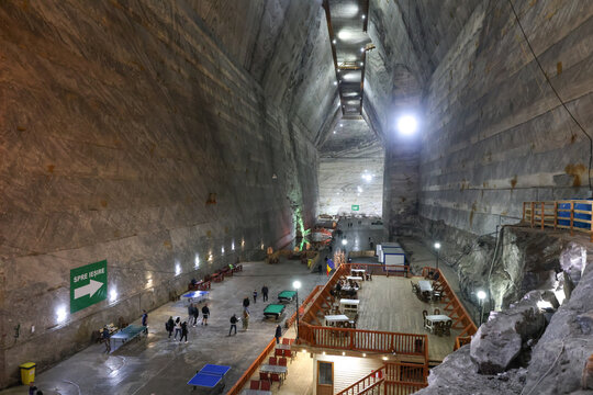 Slanic, Romania - May 19, 2024: Tourists visit Slanic salt mine.