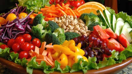 Colorful salad bowl filled with fresh vegetables, fruits, and nuts, promoting healthy eating habits