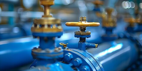 Closeup of industrial pipes and valves on blue background. Concept Industrial Pipes, Valves, Closeup Photography, Blue Background