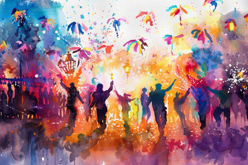 Vibrant Watercolor Carnival Scene, Lively and colorful carnival scene depicted in watercolors, Perfect for festive event promotions or celebratory art prints 