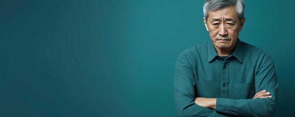 Teal background sad Asian man. Portrait of older mid-aged person beautiful bad mood expression boy Isolated on Background depression anxiety fear burn out health issue