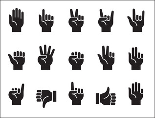 Hands gesture icon set. Hand finger signs set. Hands fingers symbol. included icons as palm, fist, bull, index, pinky, thumb up, counting and peace. Vector stock illustration in flat style.