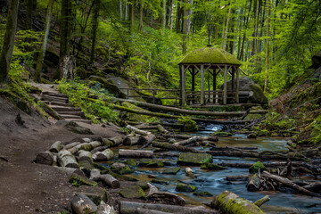 Pavilion next to Creek of Moosalbe in Karlstalschlucht with small Waterfalls, Rhineland-Palatinate,...