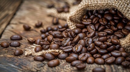 Fototapeta premium Freshly roasted coffee beans spilling out of a burlap sack onto a wooden surface