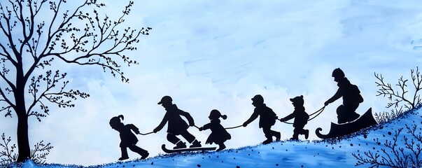 Obraz premium Draw a silhouette of children sledding down a snowy hill