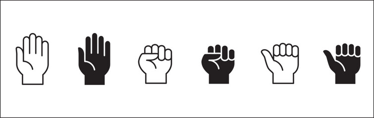 Hand fist icon set. Fist icon. Thumb hand fist sign. Palm hands icon. Vector stock illustration. Flat and line design style. Isolated on white background.