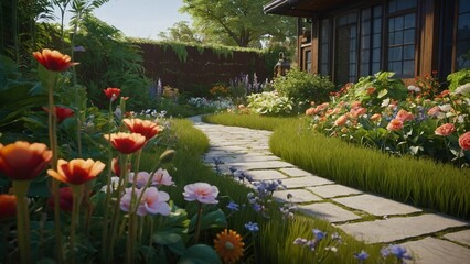 Obraz premium Beautiful spring summer garden full of colorful flowers with pathway and a country house. Lifestyle gardening wallapper illustration background.