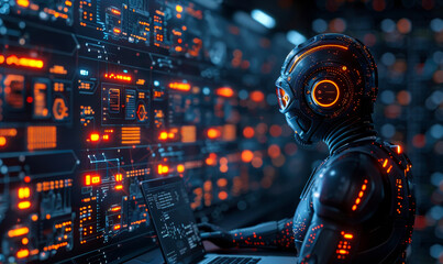 Data Science Engineer Programming AI Control System, Digital Technology Concept - Modern Office, Computer Coding, Data Exchange, Artificial Intelligence